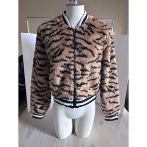 Jack by BB Dakota Womens Tiger Stripe Faux Fur Bomber Jacket Tan‎ Black Medium